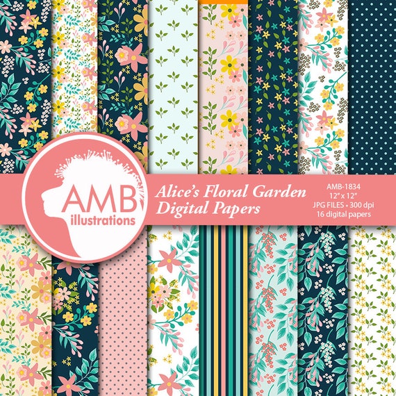 Floral papers, Secret Garden Digital Paper, Shabby Chic papers, Alice's garden paper, scrapbook papers, flower paper, AMB-1834 Il_570xn
