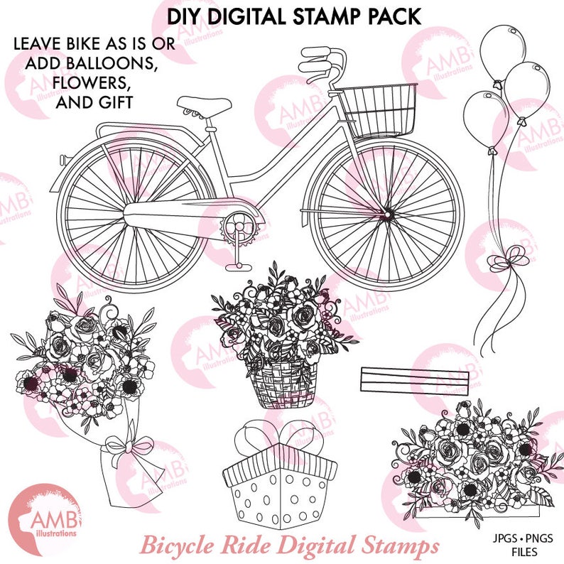 Bicycle Digital Stamp Bike Digi Stamps Bike With Flowers Etsy