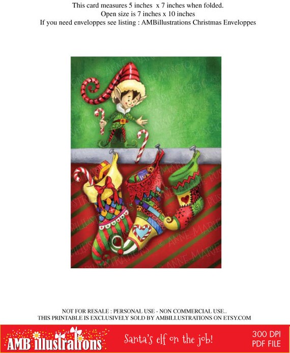 Christmas Card, Greeting Card, Printable Christmas cards DIY instant download, Christmas Elf at work, AMB-630 Il_570xn