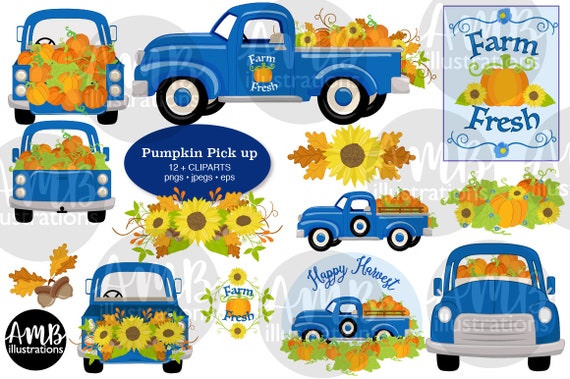 Old Truck Clipart, Retro Truck with pumpkins, Farmhouse, Commercial Use, HTV, Vector Clip Art, AMB-2820 Il_570xn
