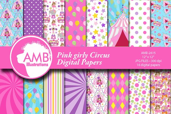 Circus digital papers, Girl Carnival Papers, Pink Circus scrapbook papers, Pastel circus, Nursery circus papers AMB-2615 Il_570xn
