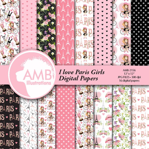 Paris Girl Papers, Paris fashion digital papers, Paris Theme papers, Parisian Love papers, Eiffel Tower papers AMB-2156 Il_570xn