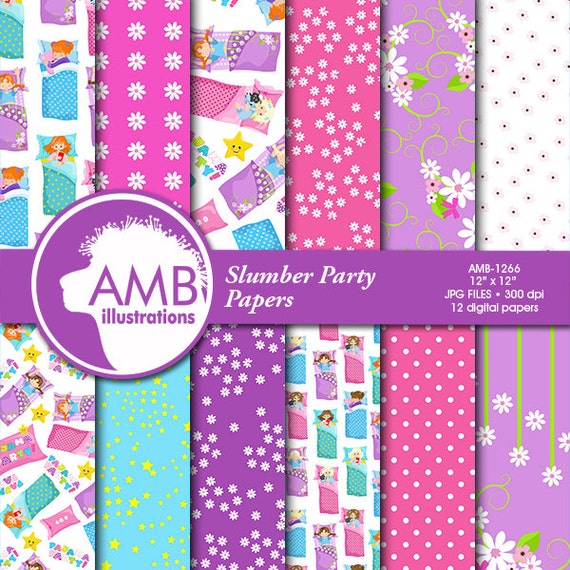 Pyjama party Digital Papers, Sleep over, Scrapbook Papers, sleepover themed patterns, commercial use, AMB-1266 Il_570xn