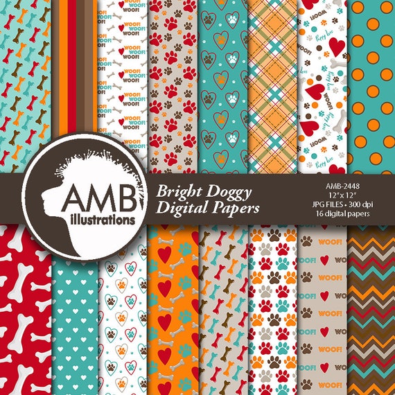 Puppy Dog Digital Papers, Bright Dog digital backgrounds, Paws pattern papers, Bone papers, puppy papers, AMB-2448 Il_570xn