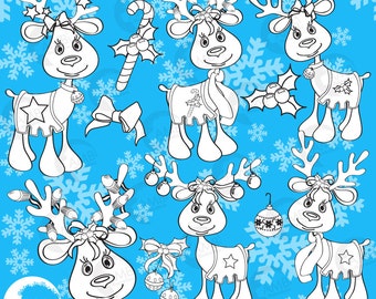 Cute Christmas Reindeer Digital Stamps, Christmas Digital Stamp, coloring page, black and white line,Reindeer Stamp, Commercial Use, AMB-951