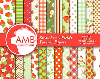 Strawberry digital papers, Strawberry paper, Strawberries scrapbook papers, Red and green Berry Papers, comm use, AMB-497