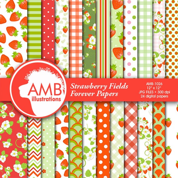 Strawberry digital papers, Strawberry paper, Strawberries scrapbook papers, Red and green Berry Papers, comm use, AMB-497 Il_570xn