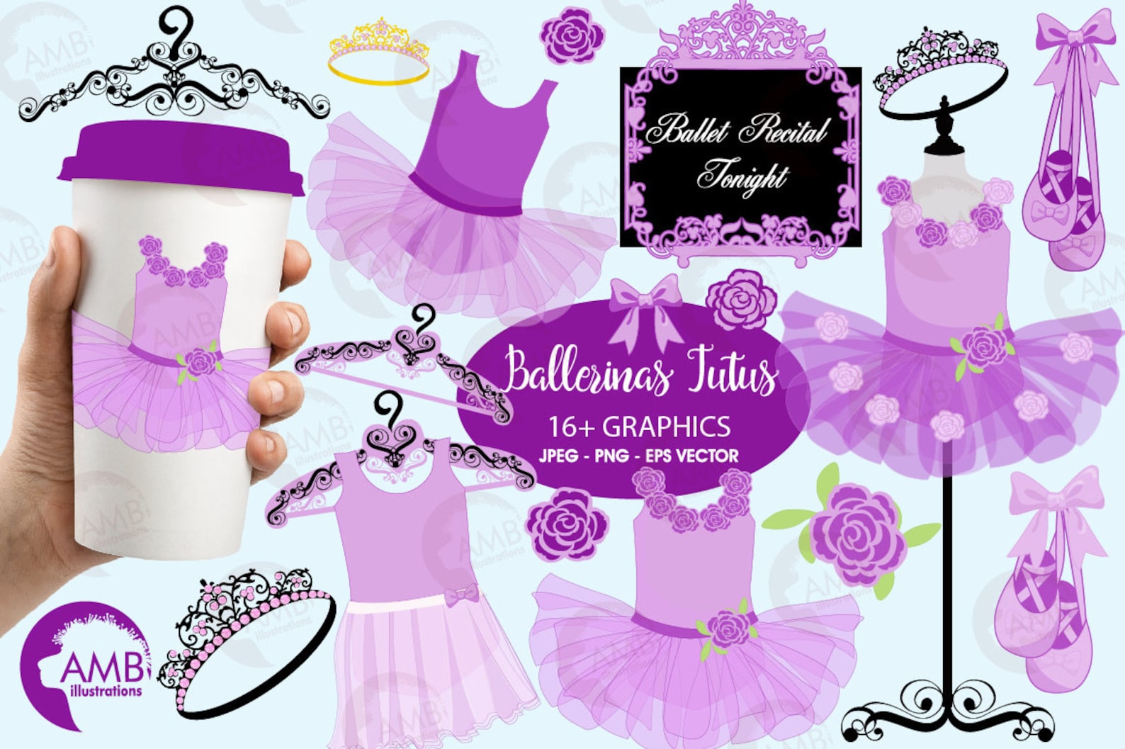 ballet clipart, ballerina clipart, ballerina tutus, lavender ballet costumes, for invites and scrapbooking, commercial use, amb-