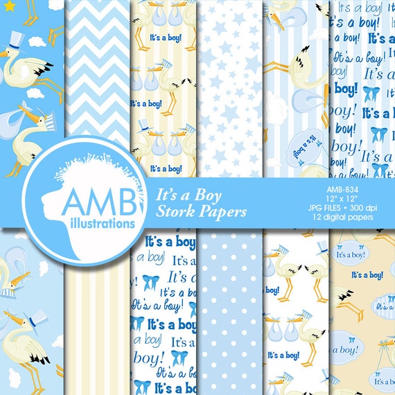 Stork digital papers, Baby Boy, Newborn papers, Baby Shower Papers, Special Delivery, It's a boy scrapbook papers, AMB-834 Il_570xn