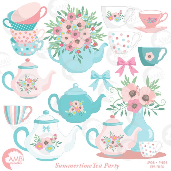 Tea Time Clipart, Teapot, Summer Time Tea Party Clipart, Floral Tea Time Clipart, Tea Time Roses Clipart for Scrapbooking, AMB-1356 Il_570xn