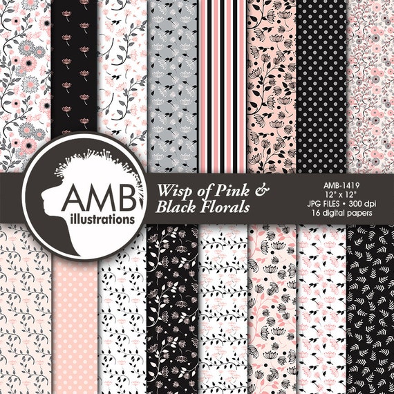 Shabby Chic paper, pink and black floral paper, floral Digital Papers, Shabby chic floral, floral pattern, commercial use, AMB-1419 Il_570xn