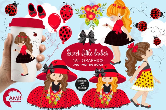 Ladybug clipart, Little Ladybug girls clipart, red summer ladybug dresses, Fashion girls, commercial use, AMB-1056 Il_570xn