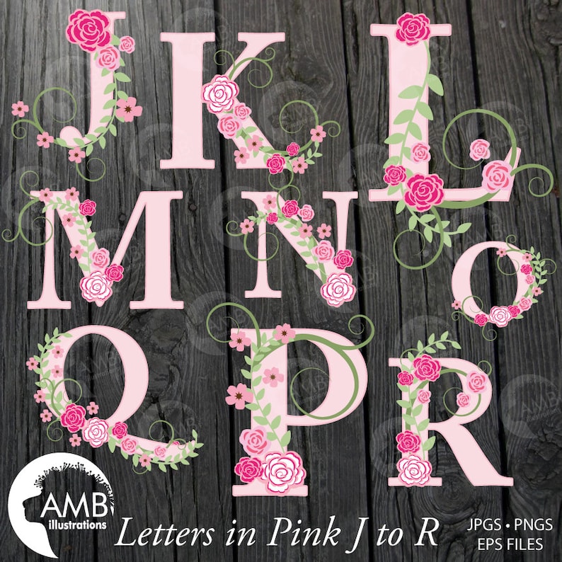 TRIO Floral Alphabet clipart Pack Letters A to Z Shabby Chic Wedding Pink Roses Letters Amb-1624 commercial use Floral clipart