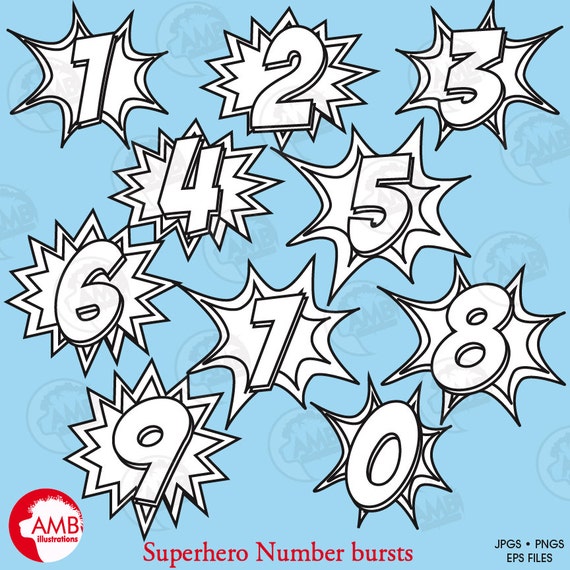 Number Stamps, Superhero Number Stamps, Black line numbers, Numbers with bursts digital stamps, AMB-1342 Il_570xn