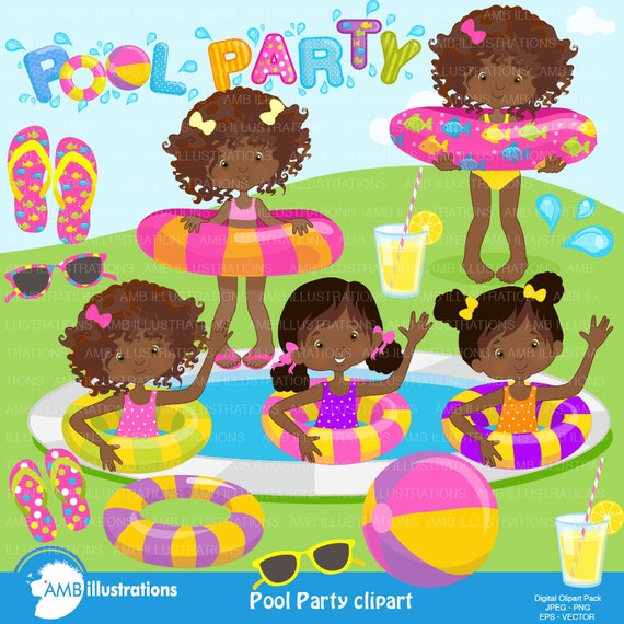 Girl Pool party, Swimming clipart, Pool party, African American, commercial use, vector graphics, digital, digital images, AMB-938 Il_570xn