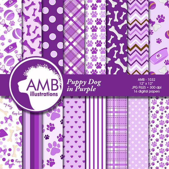 Puppy Dog Papers, Dog digital papers, Purple Dog Digital Backgrounds, Paws pattern papers, AMB-1068 Il_570xn