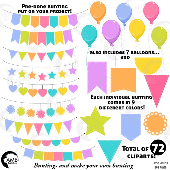 Bunting clipart, heart bunting, Matching colored balloons, star bunting, make your own bunting, print your bunting, commercial use AMB-1939 Il_570xn