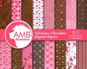 Valentine Digital Papers, Chocolate Heart Digital Papers, Valentines Day Papers, Commercial Use, Scrapbook, Backgrounds, AMB-1575