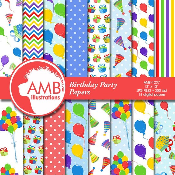 Birthday Papers, Birthday Party digital papers, balloons papers, party hats scrapbook papers, Commercial Use, AMB-1237 Il_570xn