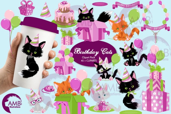 Birthday Cat clipart, Kitten Clipart, Birthday clipart, Birthday cat clipart, cute kitten clipart, commercial-use, AMB-2670 Il_570xn