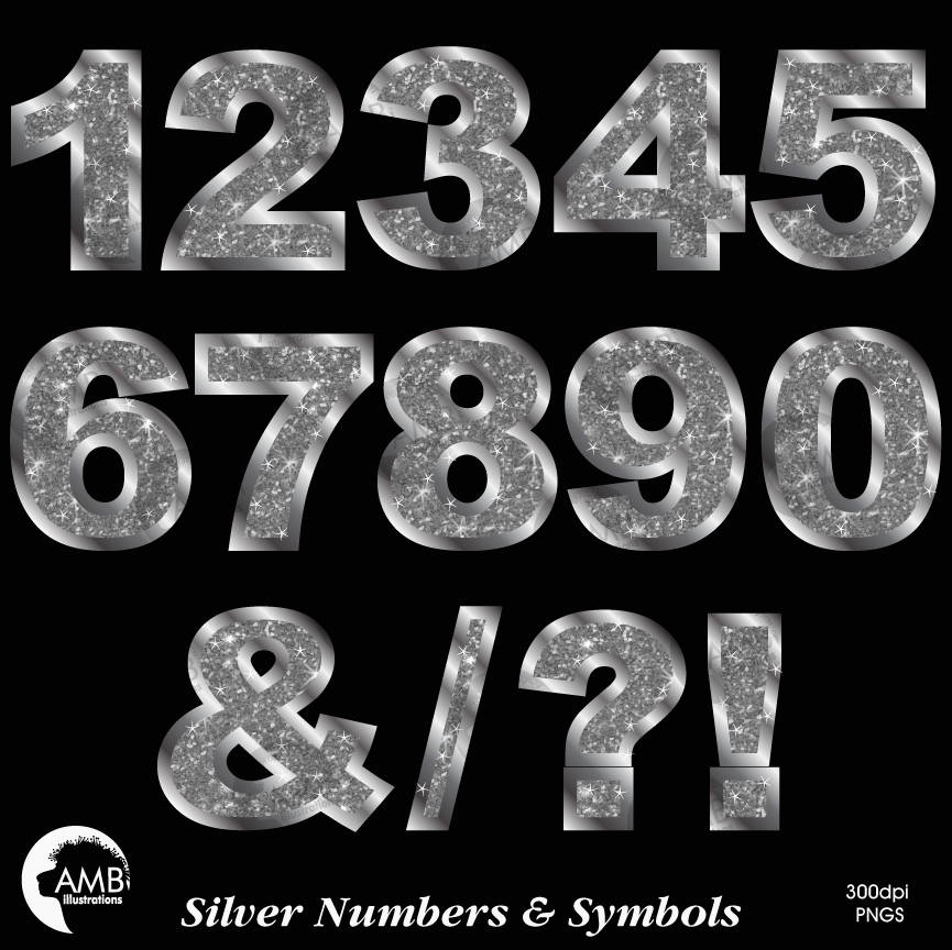 Silver Numbers Clipart Silver Glitter Numbers and Symbols | Etsy