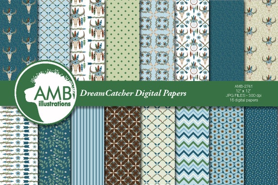 Boho papers, Dreamcatcher papers, Bull skull papers, Arrows Tribal, Feathers Digital Papers, AMB-2742 Il_570xn