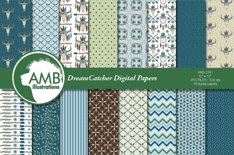 Arrows Tribal AMB-2742 Dreamcatcher papers Bull skull papers Boho papers Feathers Digital Papers