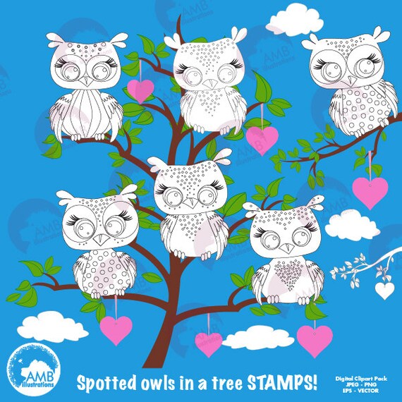 Owl stamp, Owl Digital Stamps, Spotted Owls, coloring page, black and white line, digital stamp, digital images, AMB-1245 Il_570xn