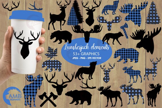 Lumberjack clipart, blue Buffalo plaid clipart, 54 Forest animal silhouettes, Moose, Trees, Wolf, Deer, Bear, Antlers, AMB-2359 Il_570xn