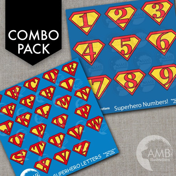 COMBO Letter and Numbers Clipart, Superhero Alphabet and Numbers, Superman Clipart, AMB-1731 Il_570xn