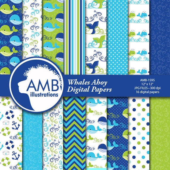Nautical papers, Nautical digital papers, Nautical Nursery, Green and blue whales, Boy nursery papers, commercial use, AMB-1595 Il_570xn