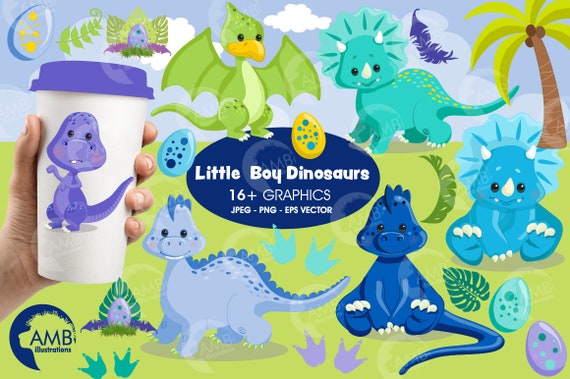 Boy Dinosaur clipart, baby dinosaur, Baby boys dino clipart, Volcano background, digital clipart, Commercial Use, AMB-2797 Il_570xn