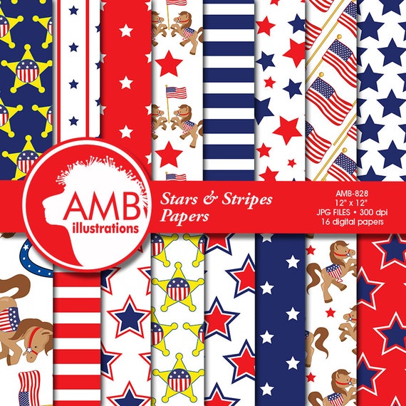 Stars and stripes digital papers, Fourth of July, Independence day, Red, white and Blue scrapbook papers, commercial use, AMB-828 Il_570xn