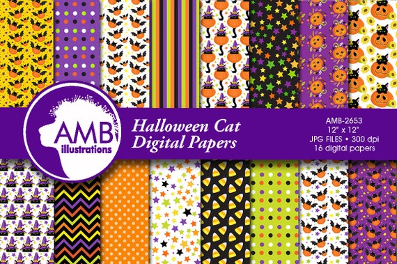 Halloween Digital paper. Halloween cats papers, Halloween cat backgrounds, Halloween kittens papers, AMB-2653 Il_570xn