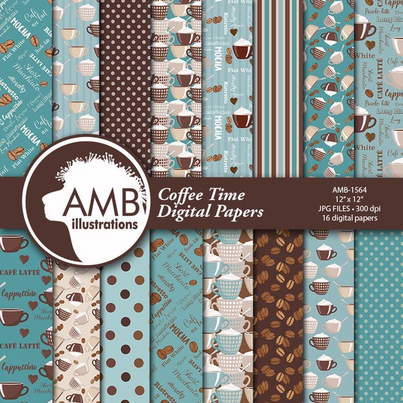 Coffee Digital Papers, Coffee Bean Papers, Coffee names paper, Chocolate brown and teal papers, cafe au lait paper, comm. use, AMB-1564 Il_570xn