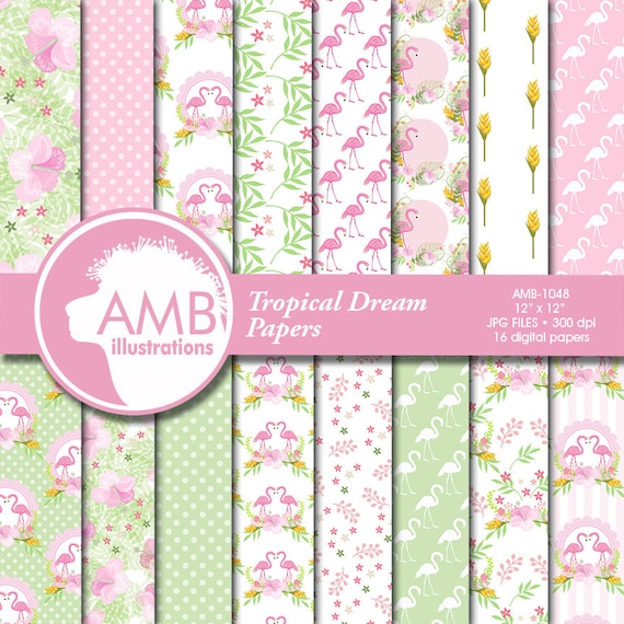 Flamingo Digital Papers, Tropical Floral Papers, Shabby chic papers, Tropical Scrapbook Papers, Floral Backgrounds, AMB-1048 Il_570xn