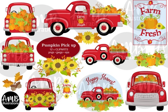Old Red Truck Clipart Retro Truck With Pumpkins Farmhouse Commercial Use Htv Vector Clip Art Amb 22 By Ambillustrations Catch My Party
