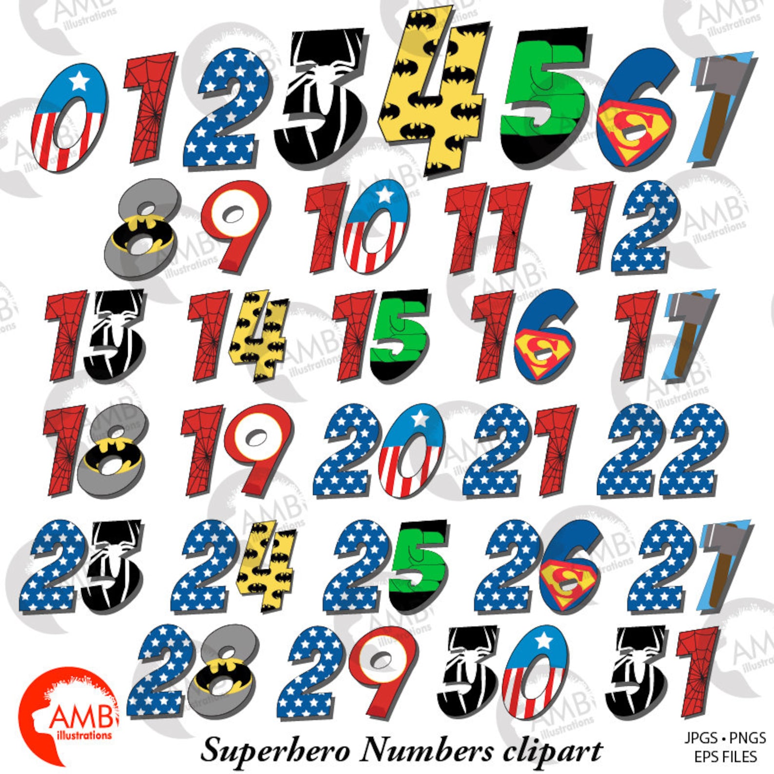 Superhero numbers clipart Numbers clipart Superhero numbers Etsy