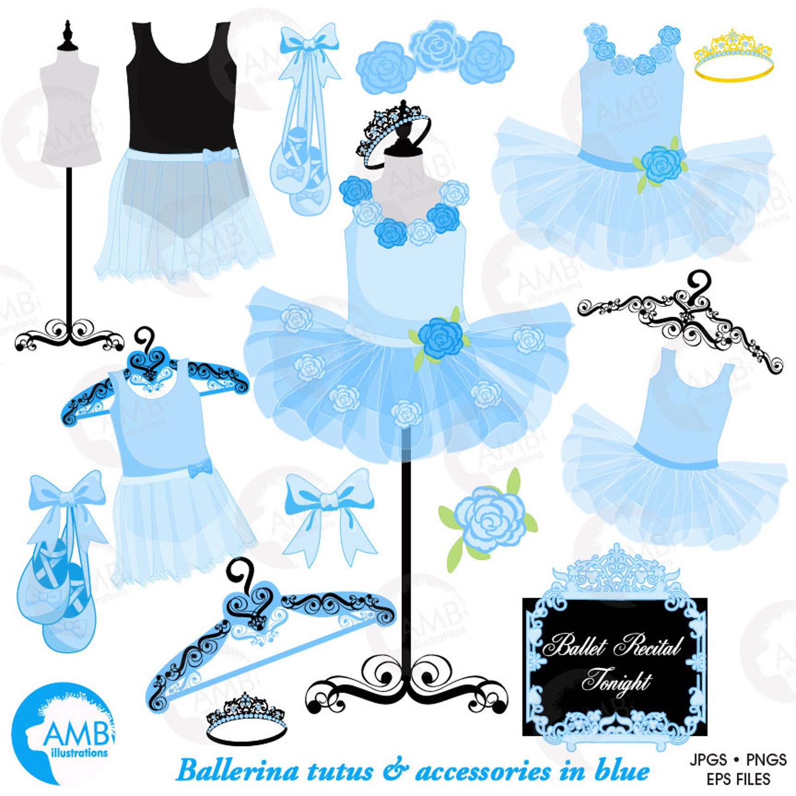 combo ballerina tutus in blue clipart and digital papers pack, ballet class, party invitations, recital, commercial use, amb-165