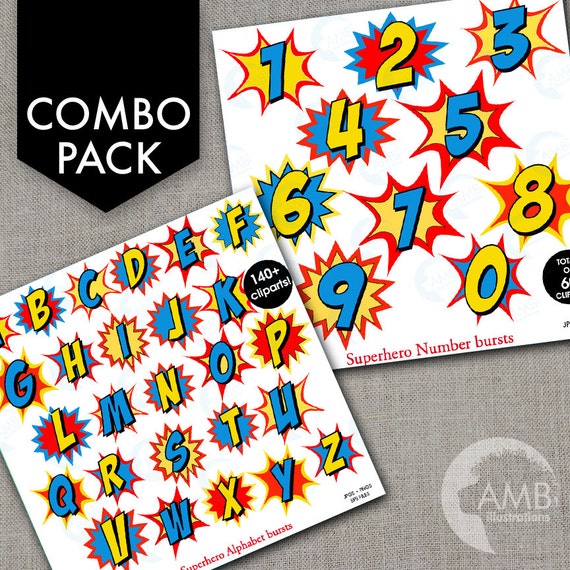 COMBO Letter and Numbers Clipart, Superhero Letter Bursts, Number Bursts Clipart, Commercial Use, AMB-1670 Il_570xn