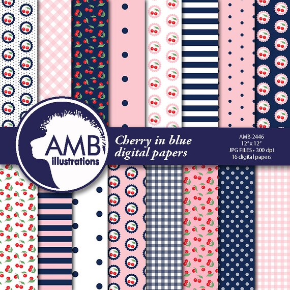 Cherries digital papers, Cherry paper, berry cherry scrapbook papers, Red and navy blu Berry Papers, AMB-2446 Il_570xn