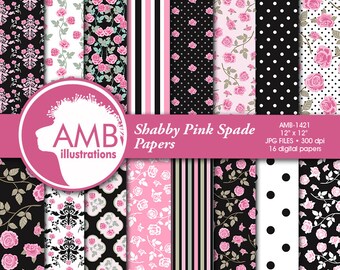 Floral papers, Roses Digital Papers, Shabby Chic papers, Pink and Black, scrapbook papers, digital paper, comm-use, AMB-1421