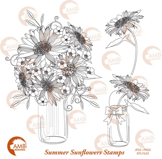 Download Sunflower Stamps Digi Stamps Sunflower Black Outline Etsy PSD Mockup Templates