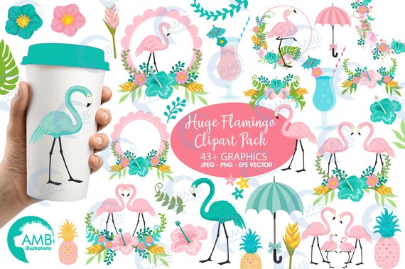 Flamingo Clipart BUNDLE, Pink Flamingos Clipart, Tropical Clipart, Floral Clipart, Exotic Clipart, Summer Clipart, Commercial Use, AMB-2618 Il_570xn