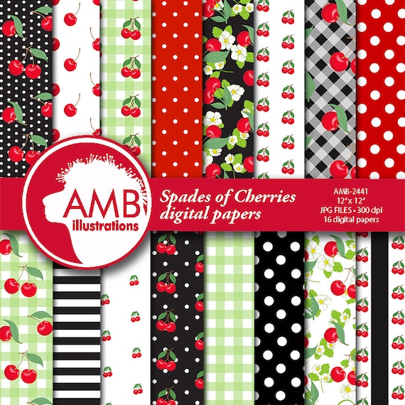 Cherries digital papers, Cherry paper, berry cherry scrapbook papers, Red and black Berry Papers, Fresh cherries, AMB-2441 Il_570xn