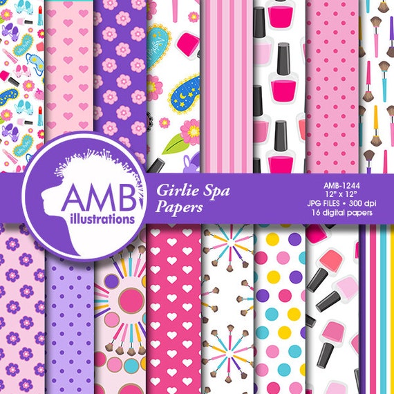 Slumber party Digital Papers, Sleep over scrapbook papers, sleepover, Girls Spa Day Papers, commercial use, AMB-1244 Il_570xn