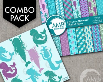 COMBO Mermaid silhouettes Clipart and Digital Paper, Nautical Clipart, Baby Shower Clipart, Commercial License, AMB-1736