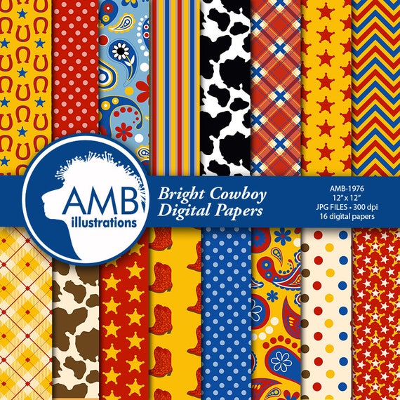 Cowboy Digital Paper, Cowboys in Bright Colors, Western Theme Scrapbooking papers, The Old West Digital Papers, Commercial Use, AMB-1976 Il_570xn