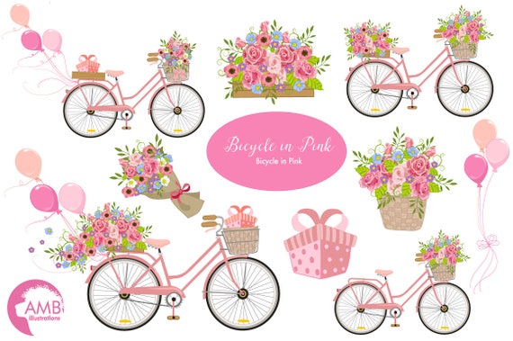 Wedding Bicycle clipart, Bicycle clipart, Bicycle and Flowers, Vintage Bicycle Clip Art, Pink Bicycle clipart, AMB-1323 Il_570xn