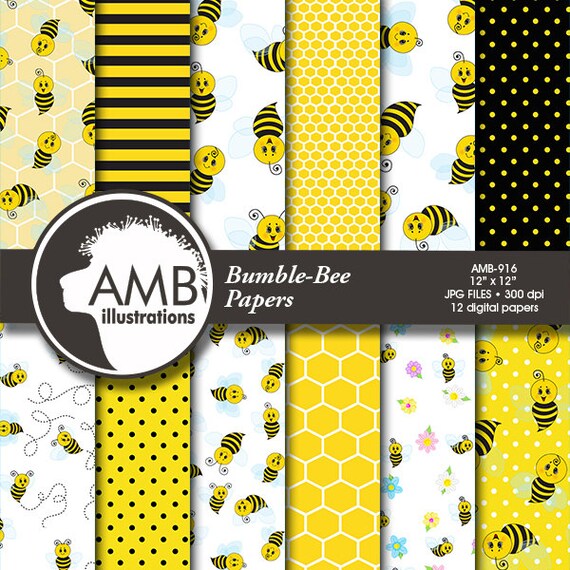 Bumble bee digital papers, Bee papers, Insects, honey, hive, bee scrapbook papers, comm-use, AMB-916 Il_570xn